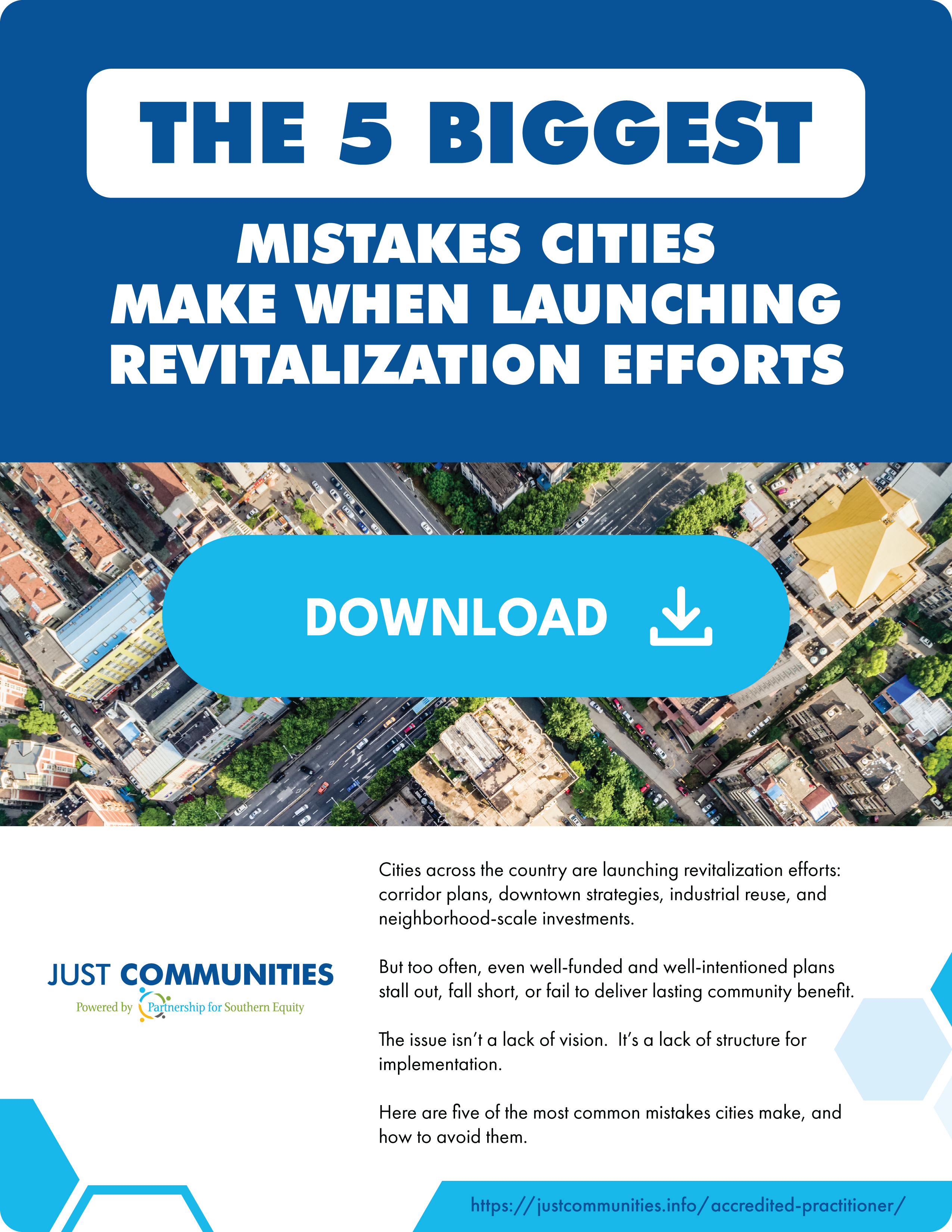 A digital resource thumbnail for an urban planning guide. The image shows a city bird's-eye view with a large light blue DOWNLOAD button and icon centered over the title, The 5 Biggest Mistakes Cities Make When Launching Revitalization Efforts.